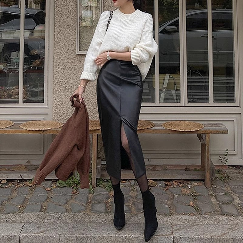 Split Leather Skirt with High Waist for Stylish Commuting Looks