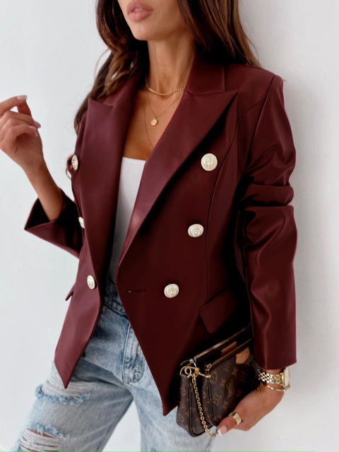 Long Sleeve Double Breasted PU Leather Jacket with Classic Style