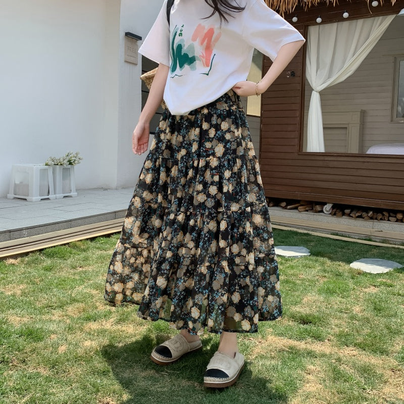 A-Line Chiffon Floral Skirt with Colorful Print Style