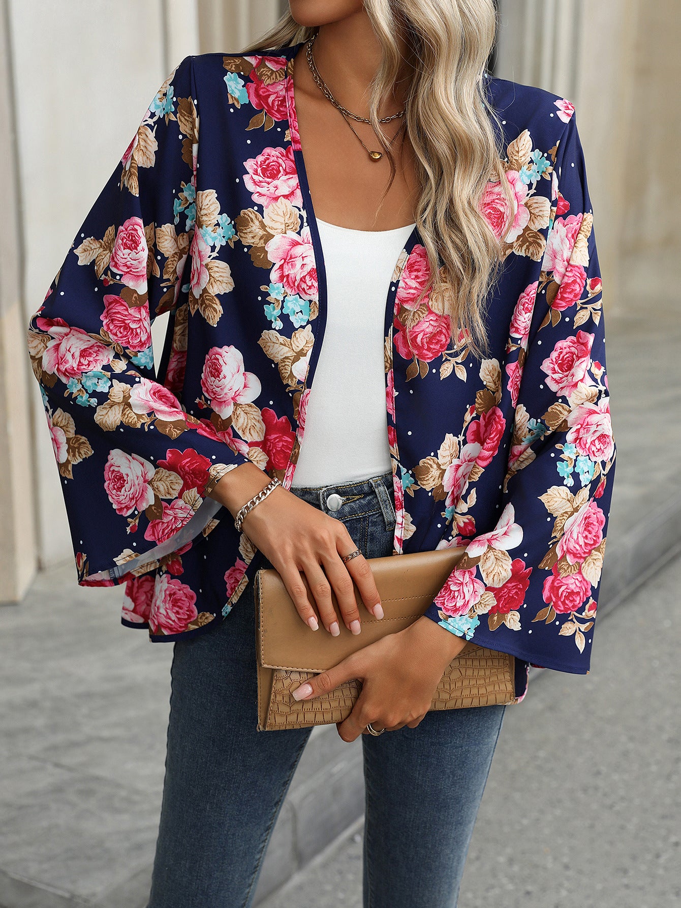 V-neck Floral Bell Sleeve Blouse with Casual Style and Print Design