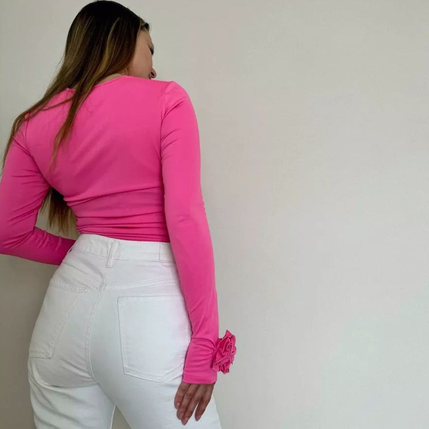 Floral Long Sleeve Slim-fit Tops with Charming 3D Design