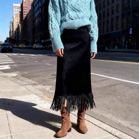 Suede Skirt with Tassel Detail for a Chic Mid-Length Look
