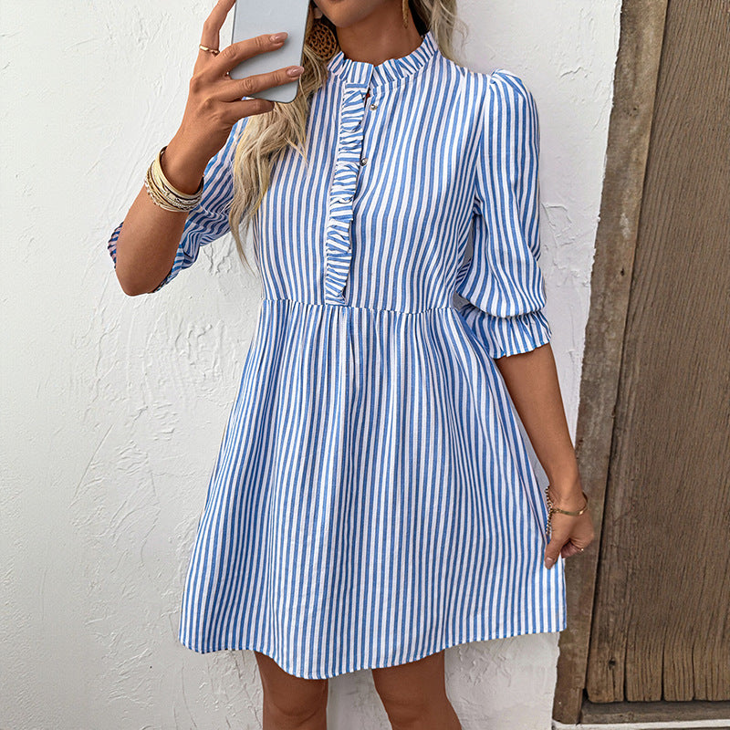Puff Sleeve Stand Collar Striped Dress with A-Line Skirt Style