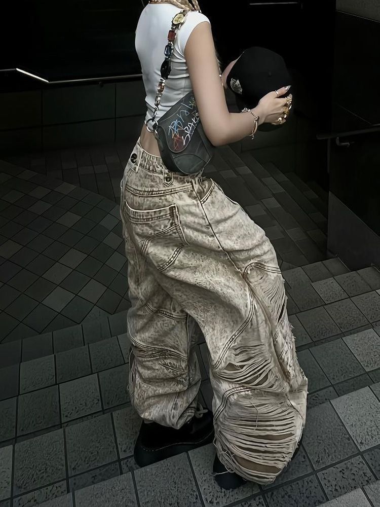 Loose Versatile American Floor Bending Knife Pants with High Waist