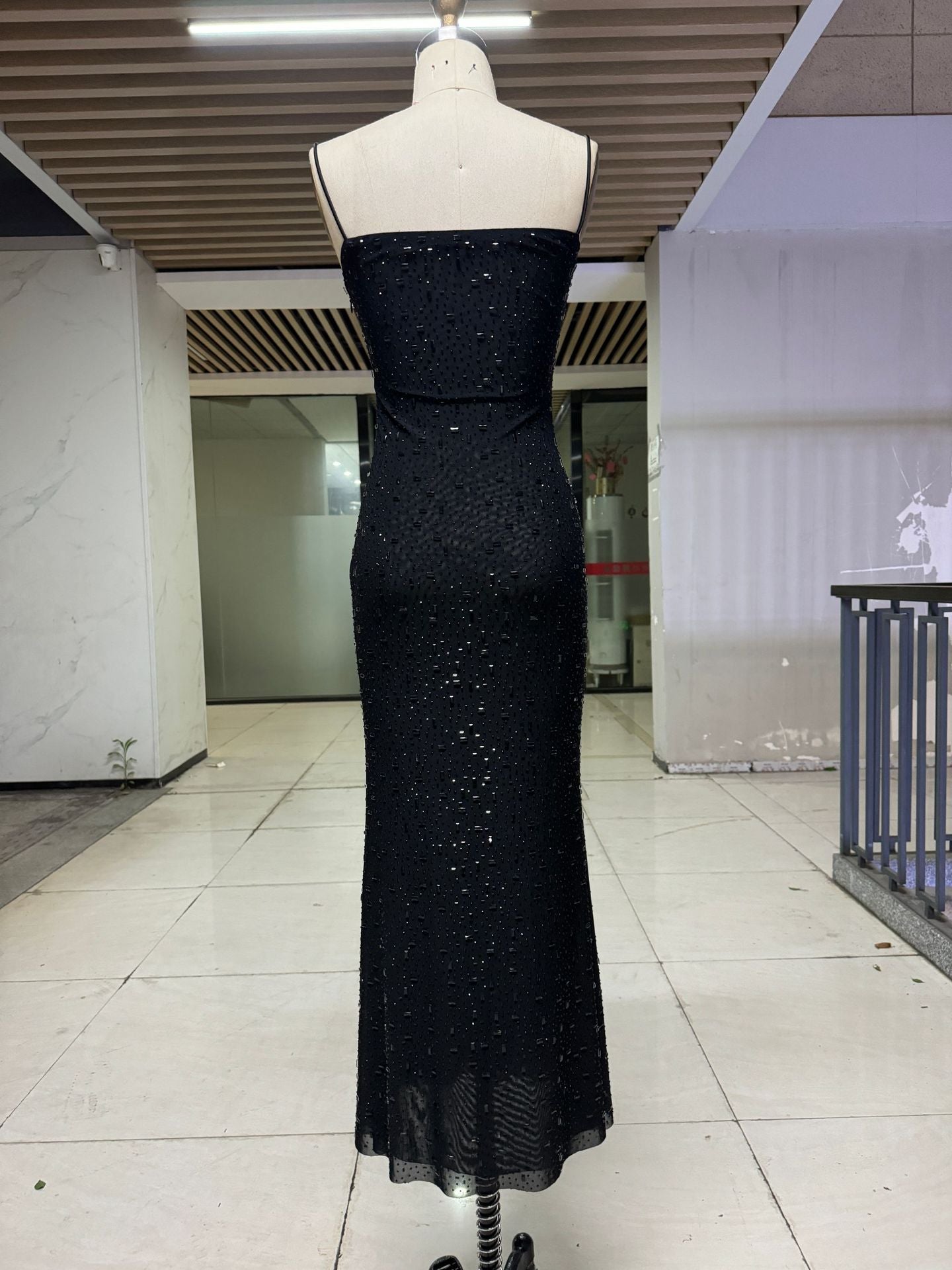 Sequin Spaghetti Strap Dress with Elegant Nude & Black Detailing