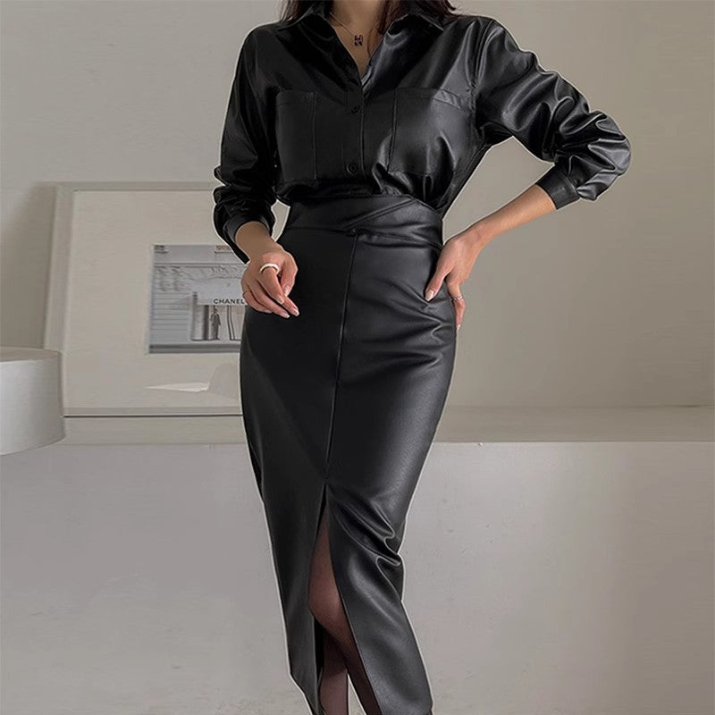 Split Leather Skirt with High Waist for Stylish Commuting Looks