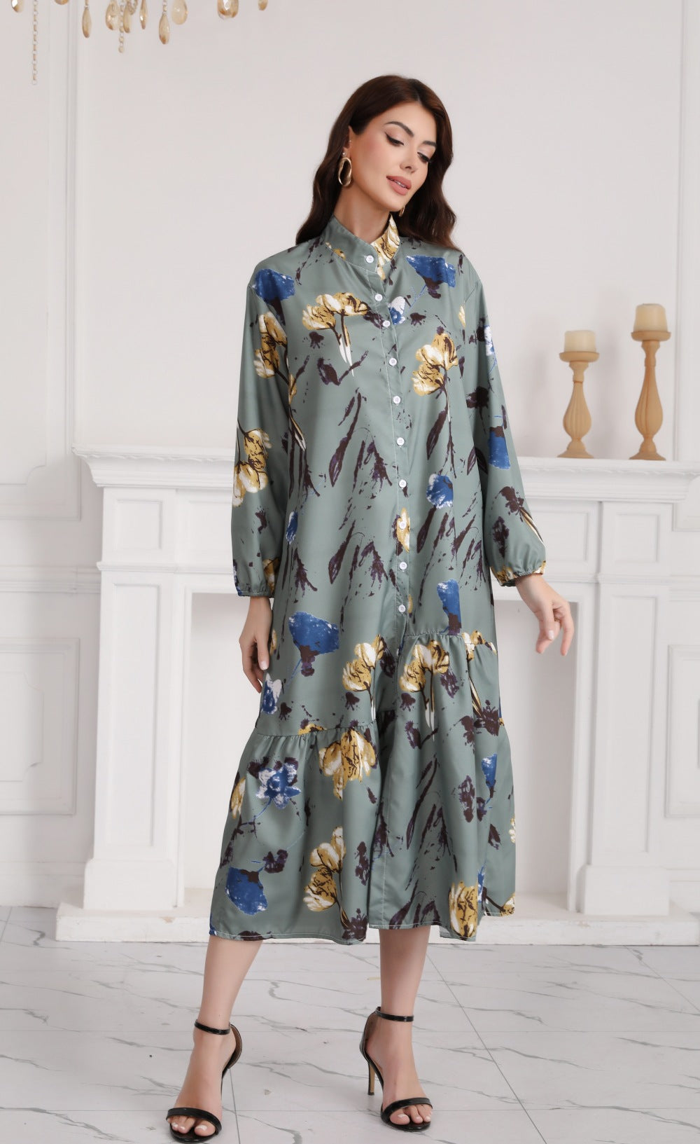 Floral Print Long Dress with Comfortable Cotton-Linen Blend Fabric