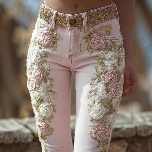 Retro Pink Rose Embroidered Artistic Printed Jeans for a Unique Style