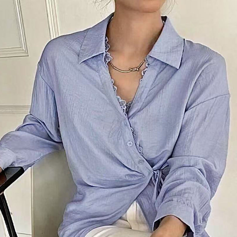 Blue Long Sleeved Shirt with Lace-up Cardigan Style