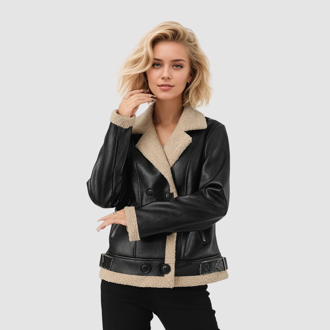 Fleece Padded Leather Coat with Fur Collar Alternative Styling