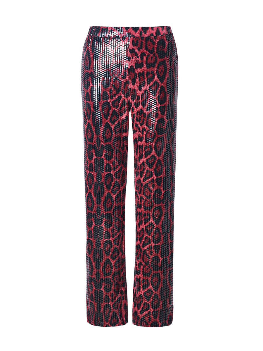 Leopard Print Straight-leg Trousers with Sparkling Sequins Detail