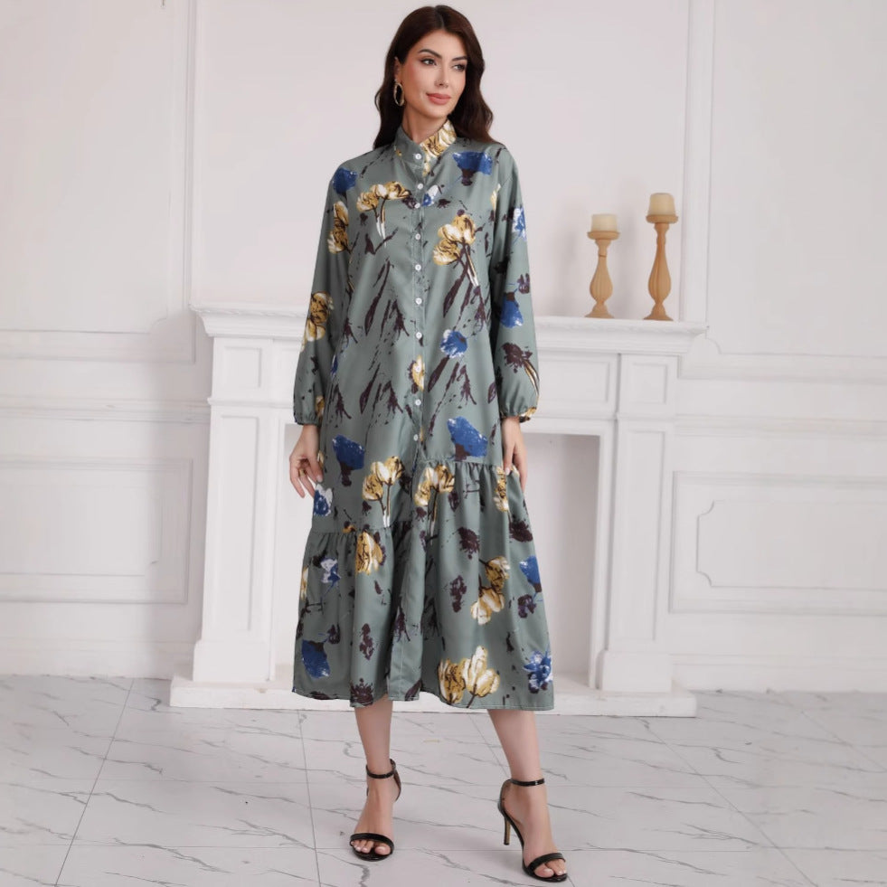 Floral Print Long Dress with Comfortable Cotton-Linen Blend Fabric