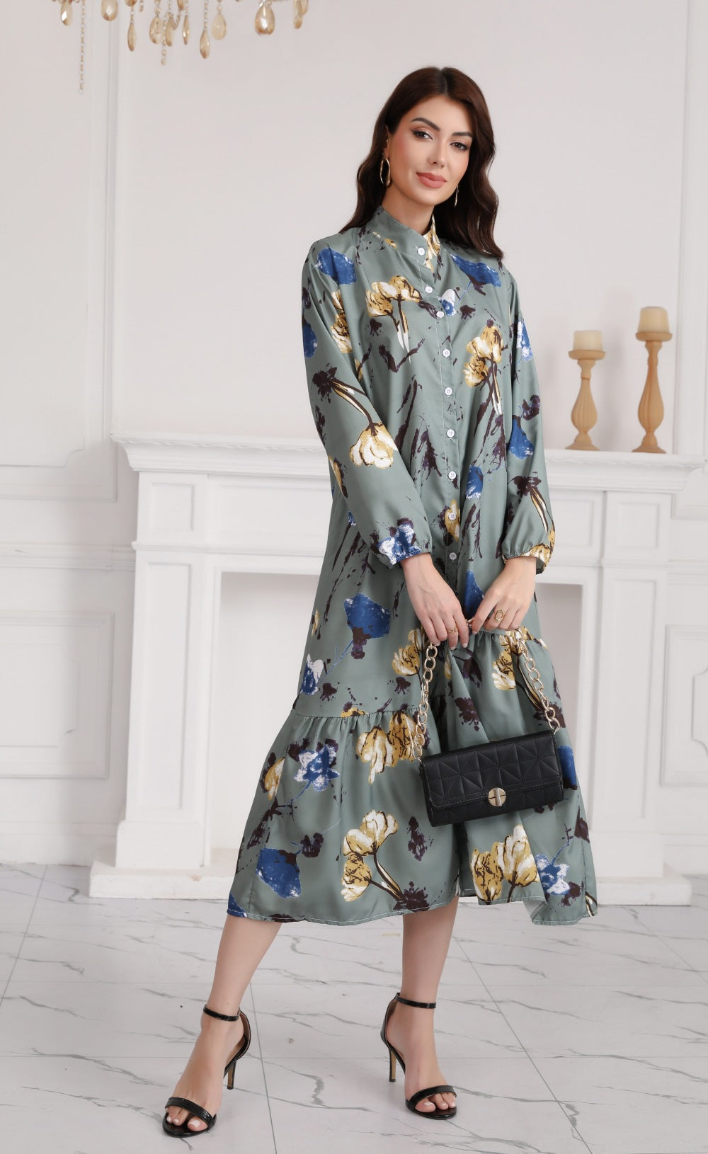 Floral Print Long Dress with Comfortable Cotton-Linen Blend Fabric