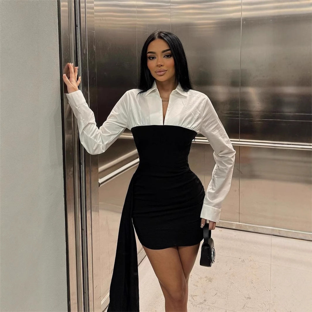 Color Contrast Patchwork Lapel Dress with Stylish Mid Waist Design