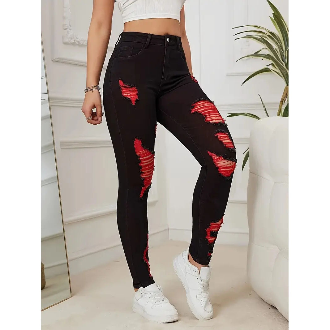 Denim Trousers with Ripped Contrast Colors for Street Fashion Style