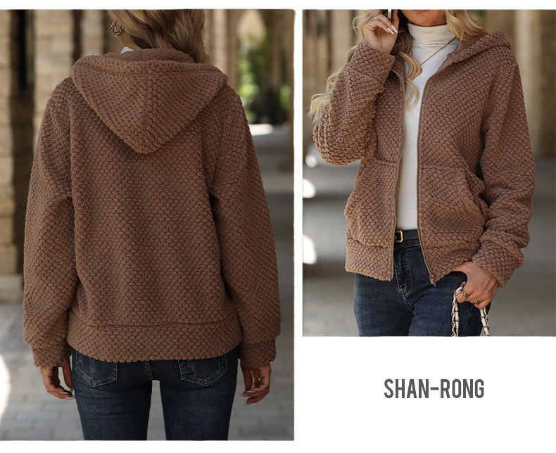 Loose Pocket Hooded Zipper Plush Jacket for Autumn and Winter