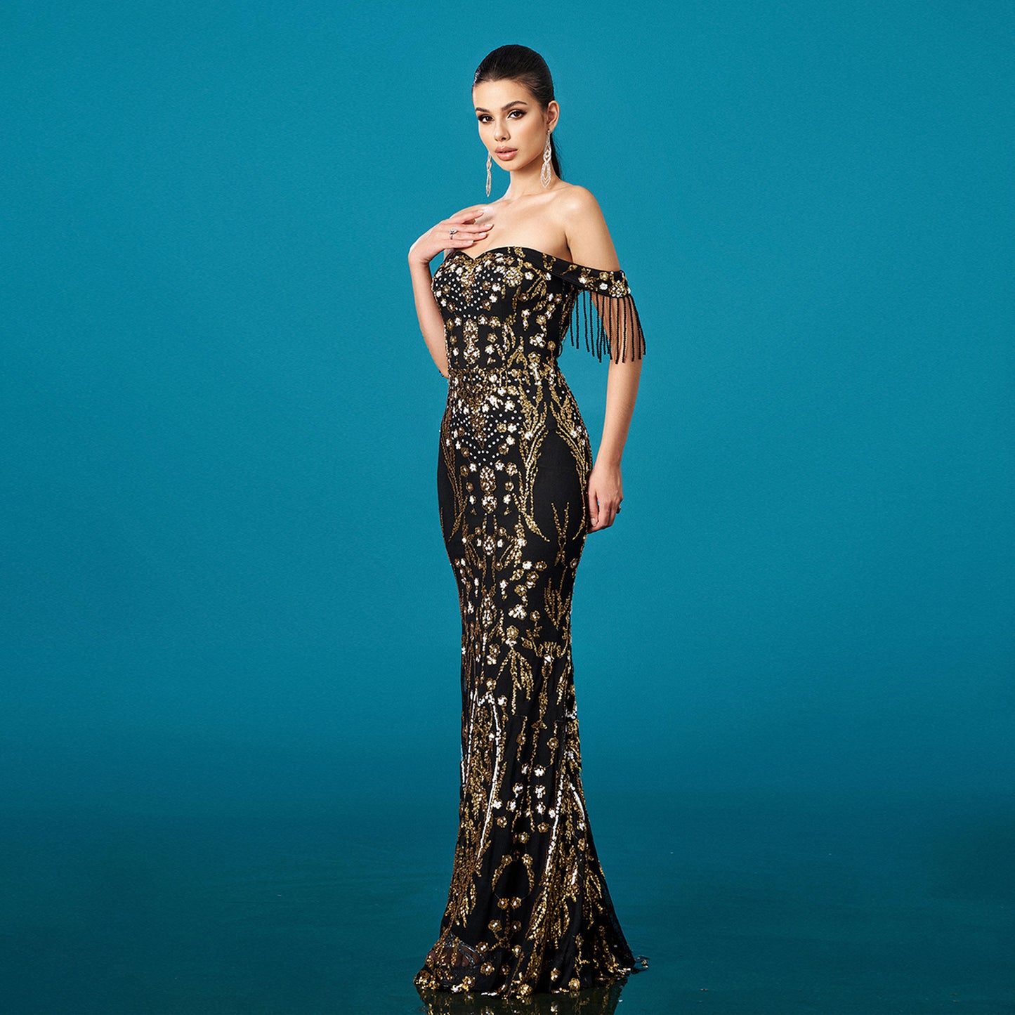 Fishtail Evening Dress with Off-neck Tassel Sequins for Banquet