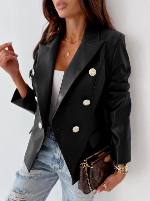 Long Sleeve Double Breasted PU Leather Jacket with Classic Style