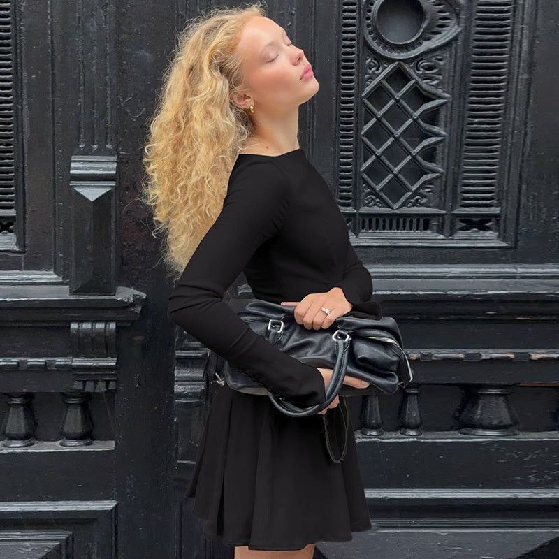 Beaded Slim-fit Pleated Dress with Back Zipper Closure