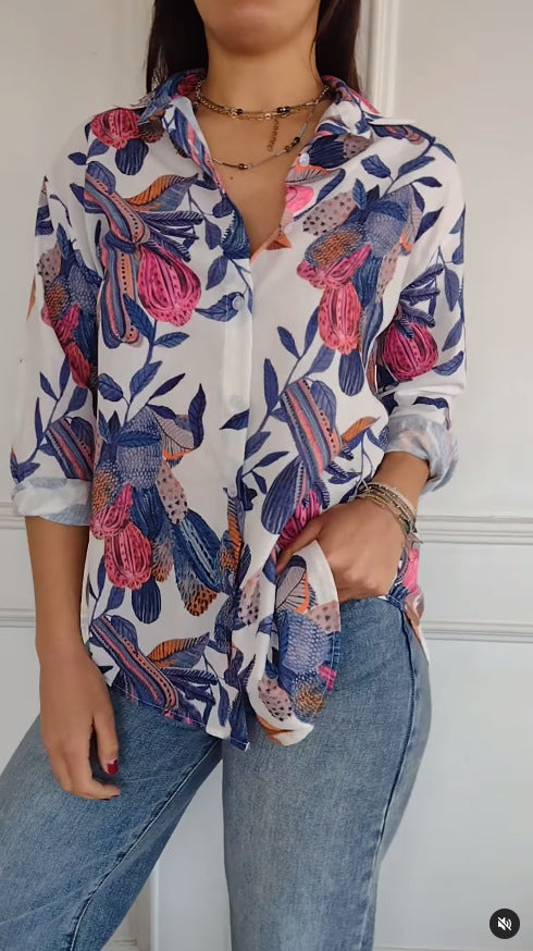 Casual Print Shirt Top with Floral Patterns and Long Sleeves