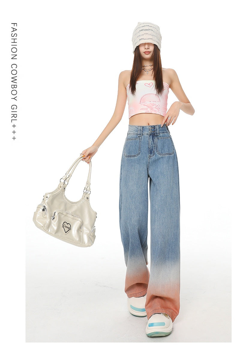 High Waist Wide Leg Jeans with Retro Blue Gradient Style
