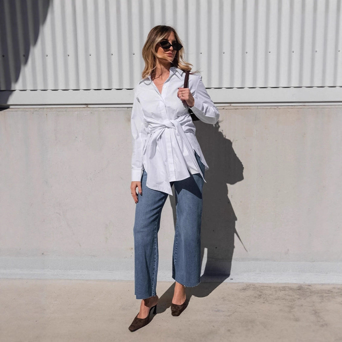 Cotton Blouse with Lace-up Waist Trimming for Casual Style