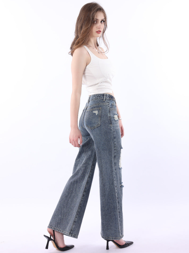 Retro Large Size Wide-Leg Jeans with Worn Distressed Style