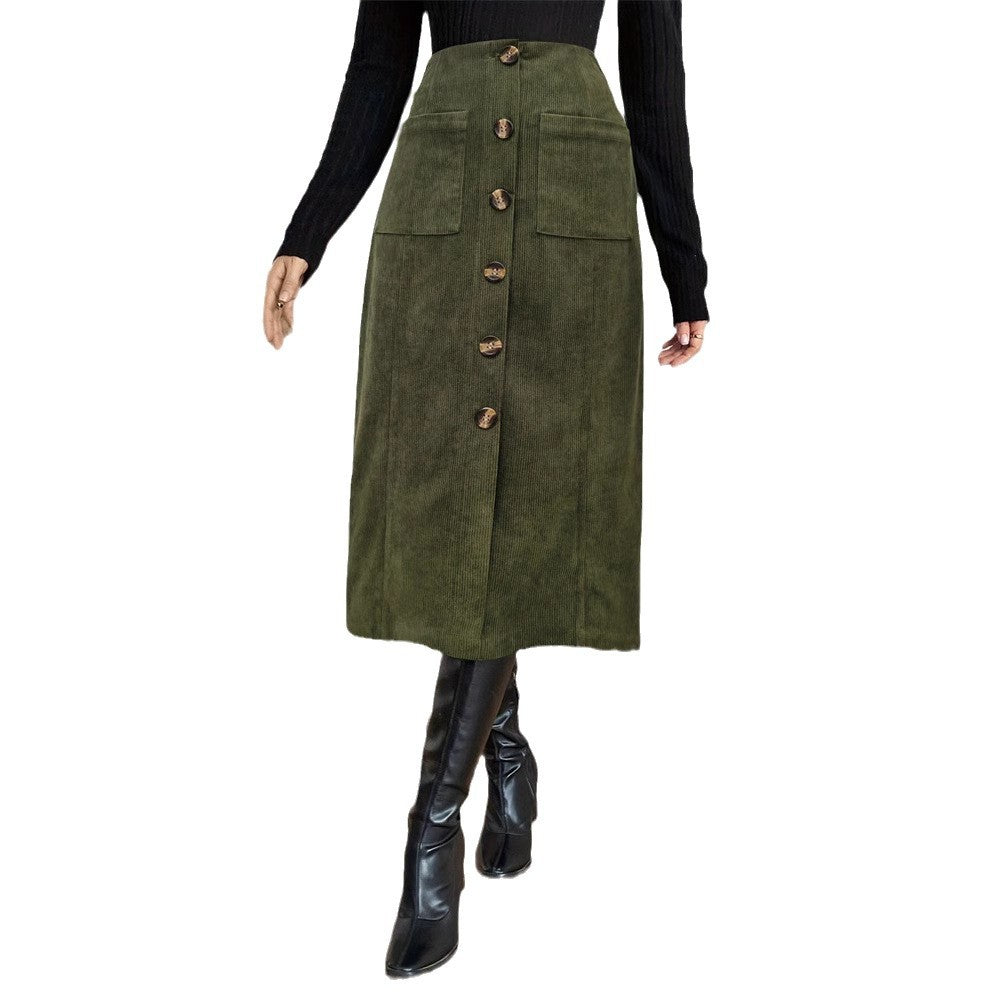 Mid-Length Skirt with Elastic Waist and Patch Pocket Design