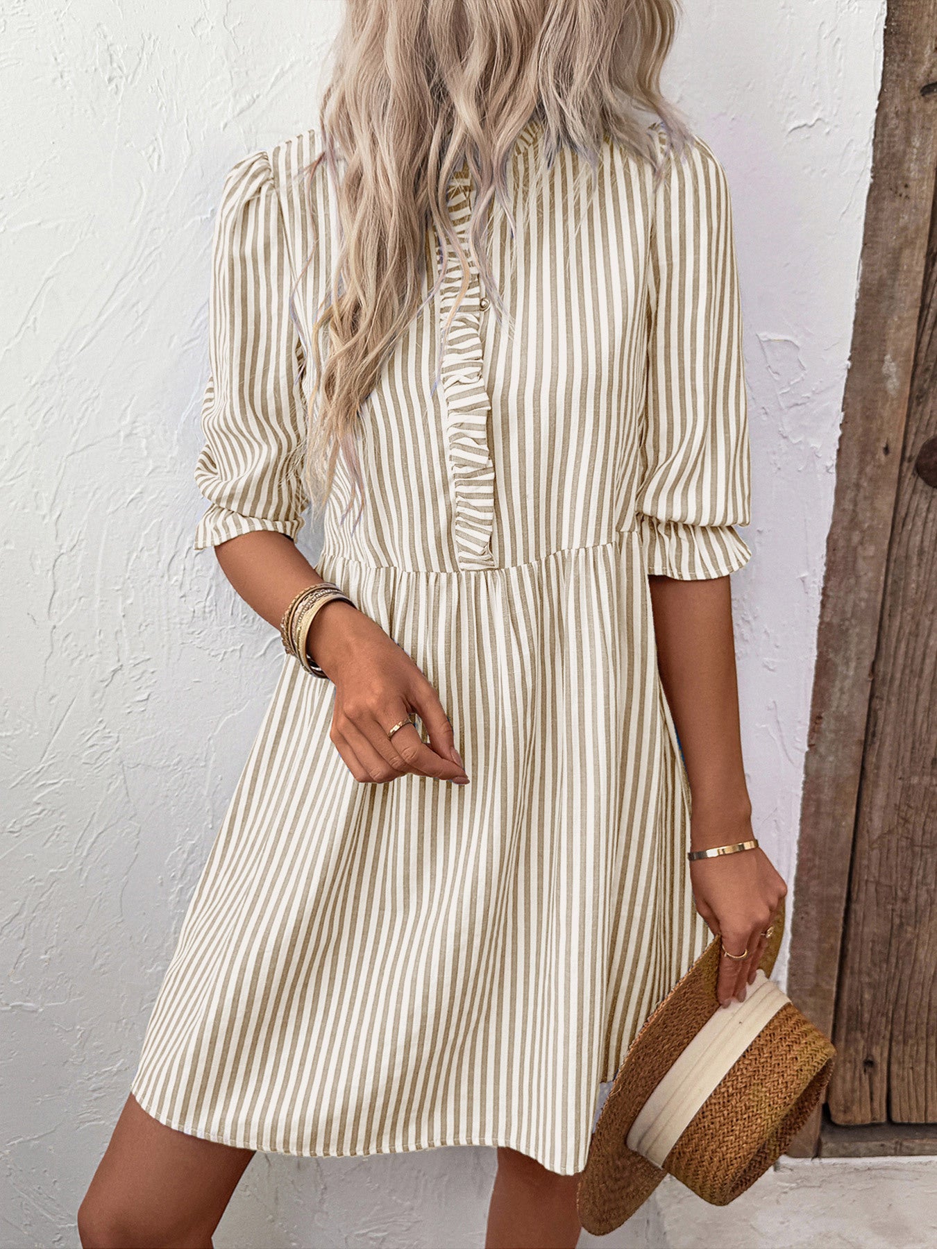 Puff Sleeve Stand Collar Striped Dress with A-Line Skirt Style
