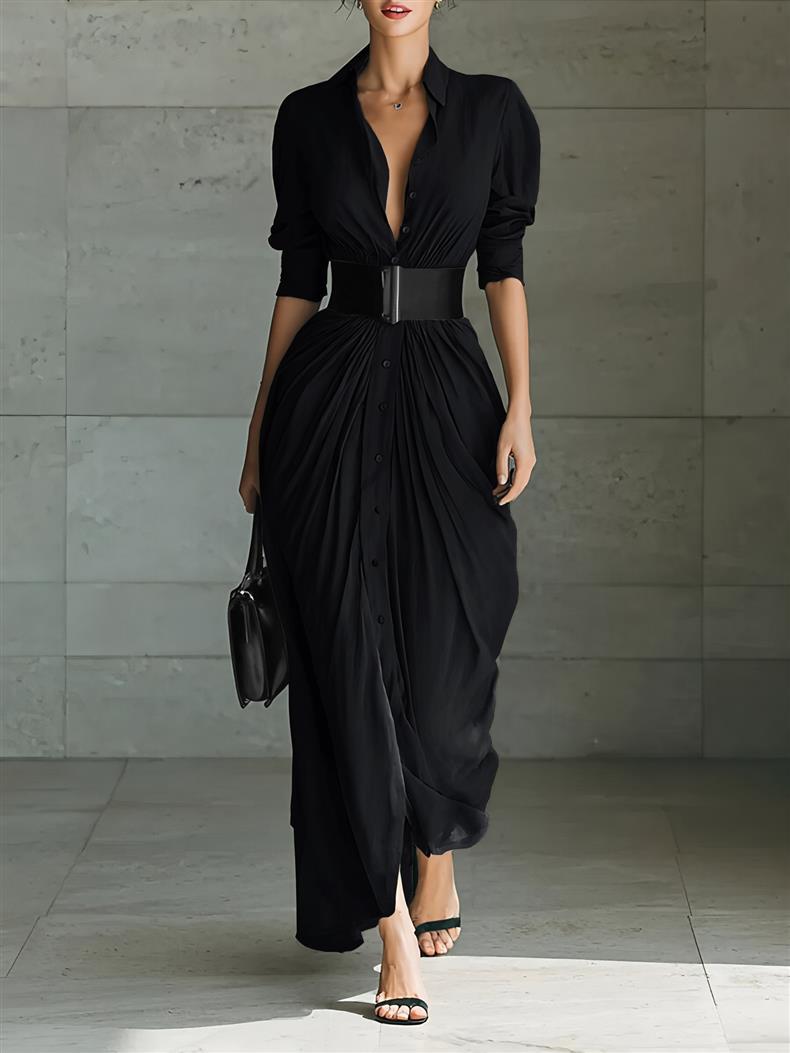 Shirt Dress with Elegant Lapel and Belt for Sophisticated Style