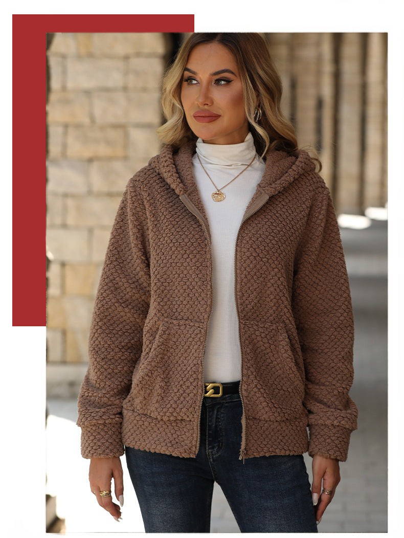 Loose Pocket Hooded Zipper Plush Jacket for Autumn and Winter