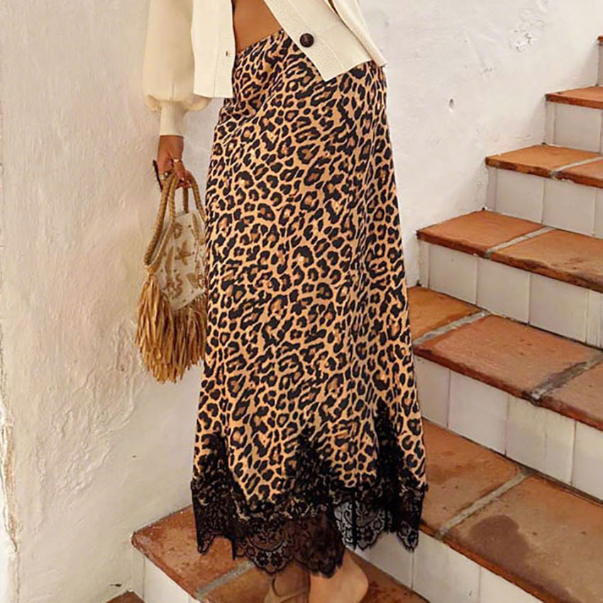 Leopard Print Lace Long Skirt with Elegant Fall Style