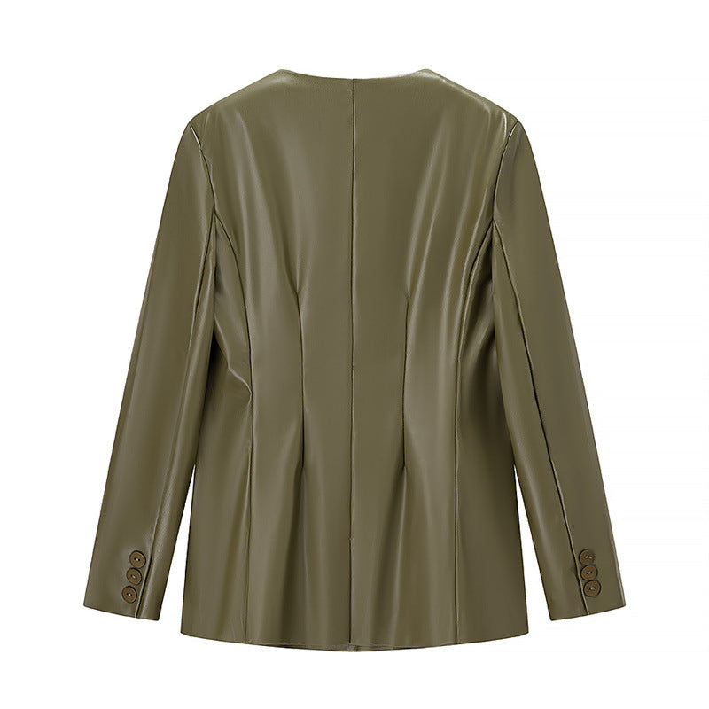 Long-sleeved V-neck Leather Jacket with Stylish Contrast Colors