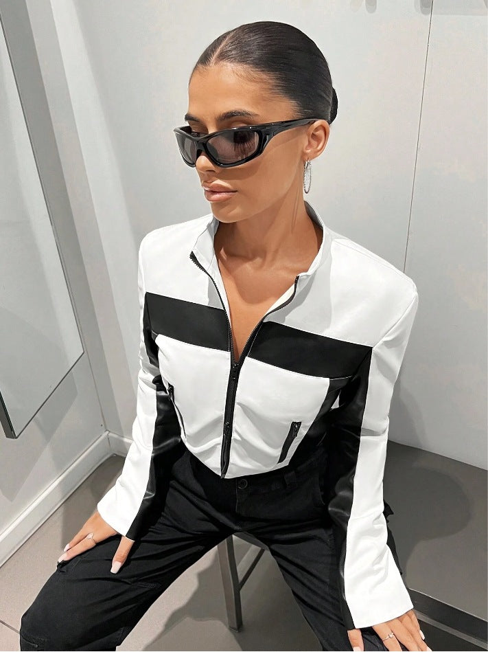 Black and White Contrast Color Leather Jacket with Zipper Closure