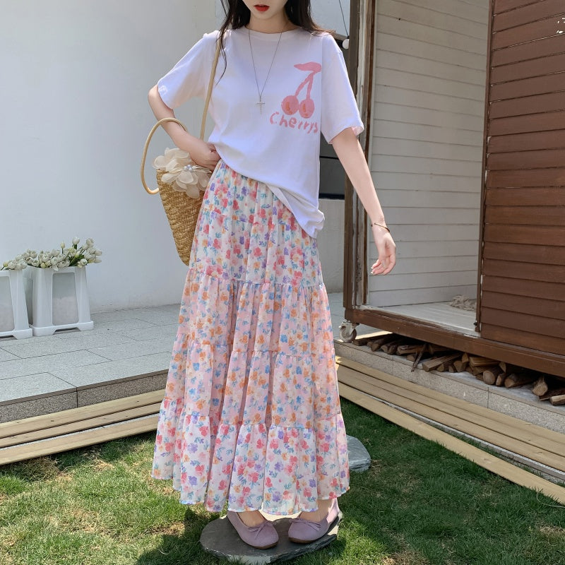 A-Line Chiffon Floral Skirt with Colorful Print Style