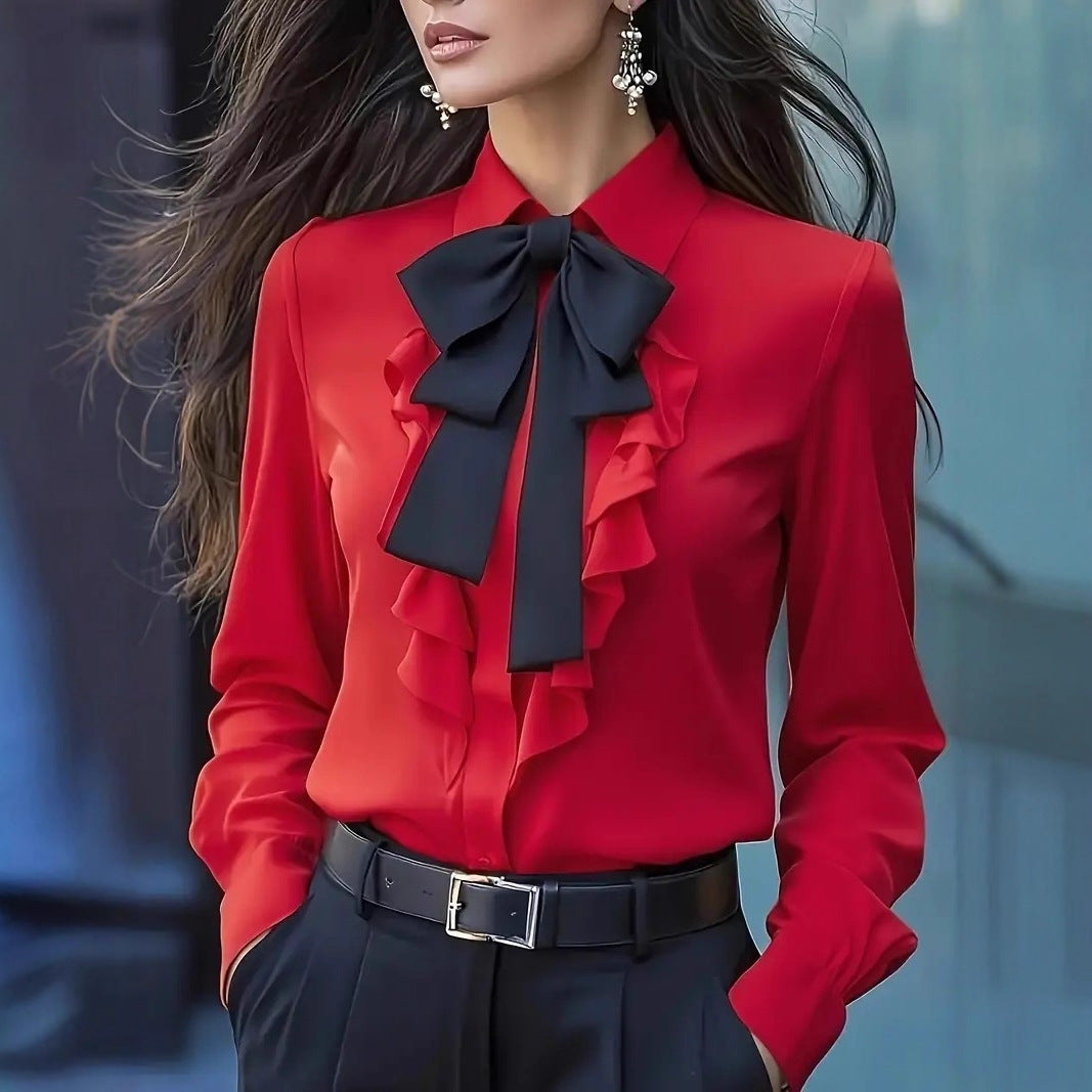 Ruffled Design Shirt with Tied Bow for Chic Style