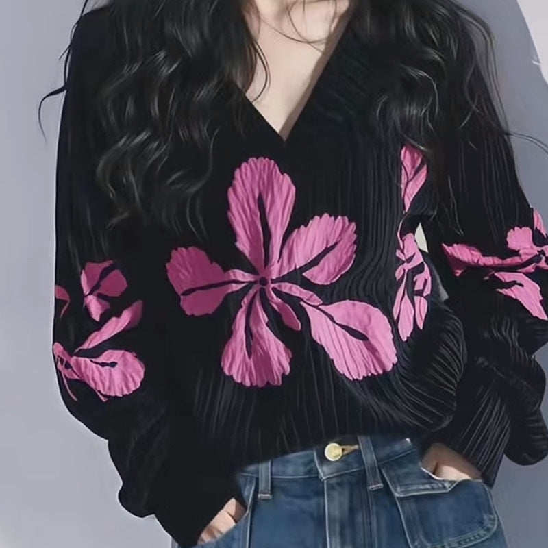 Black Flower Print Top with Flight Sleeves for Effortless Style