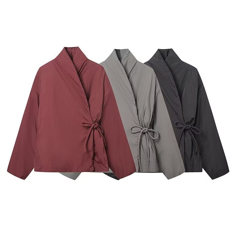 Double-breasted Kimono Coat with Casual Style and Lace-up Details