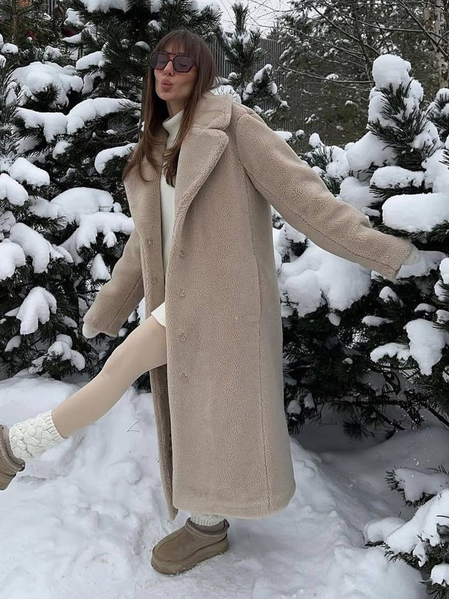 Polyester Long Button Cashmere Coat with Luxurious Fur Collar