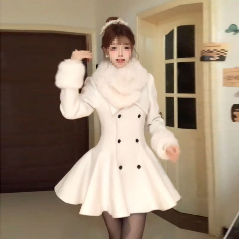 Cotton Wool Collar Woolen Coat with Detachable Fur Collar