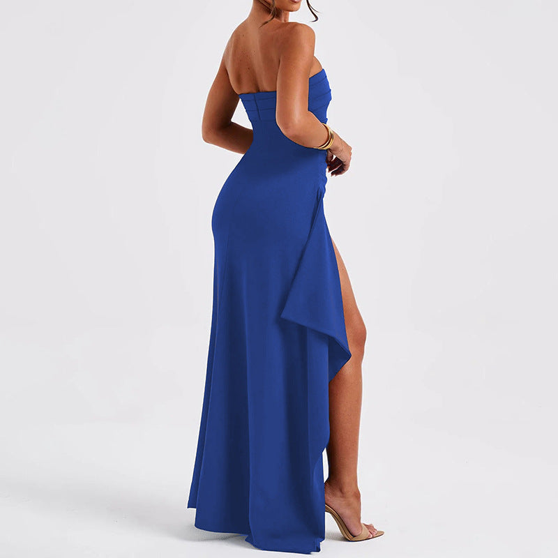Evening Gown with High Slit and Strapless Backless Design
