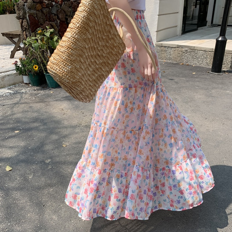 A-Line Chiffon Floral Skirt with Colorful Print Style