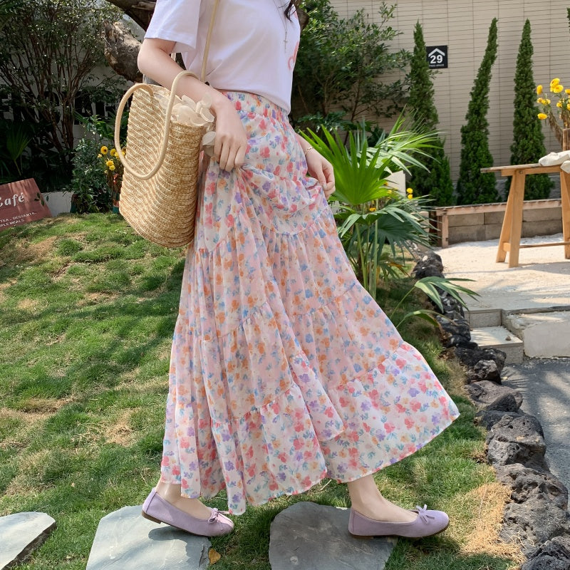 A-Line Chiffon Floral Skirt with Colorful Print Style