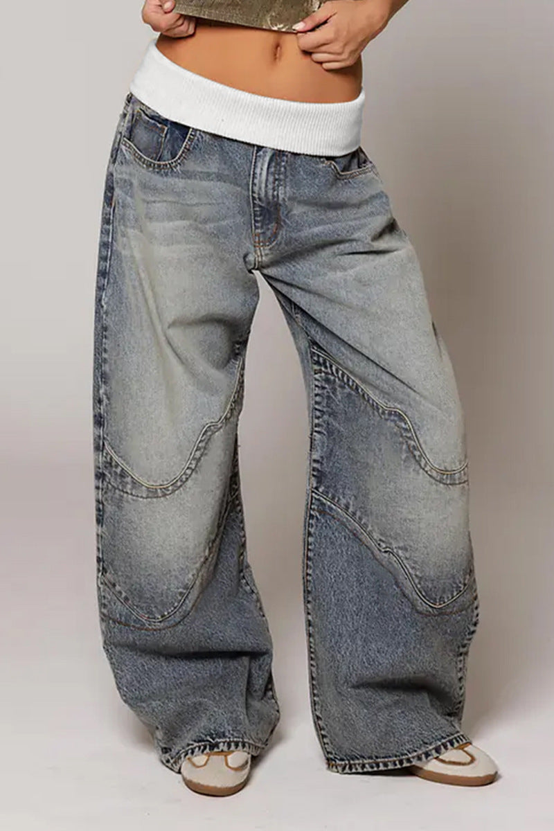 Distressed Denim Straight Trousers with Mid Waist Comfort