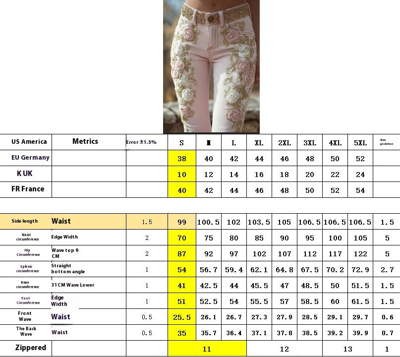 Retro Pink Rose Embroidered Artistic Printed Jeans for a Unique Style