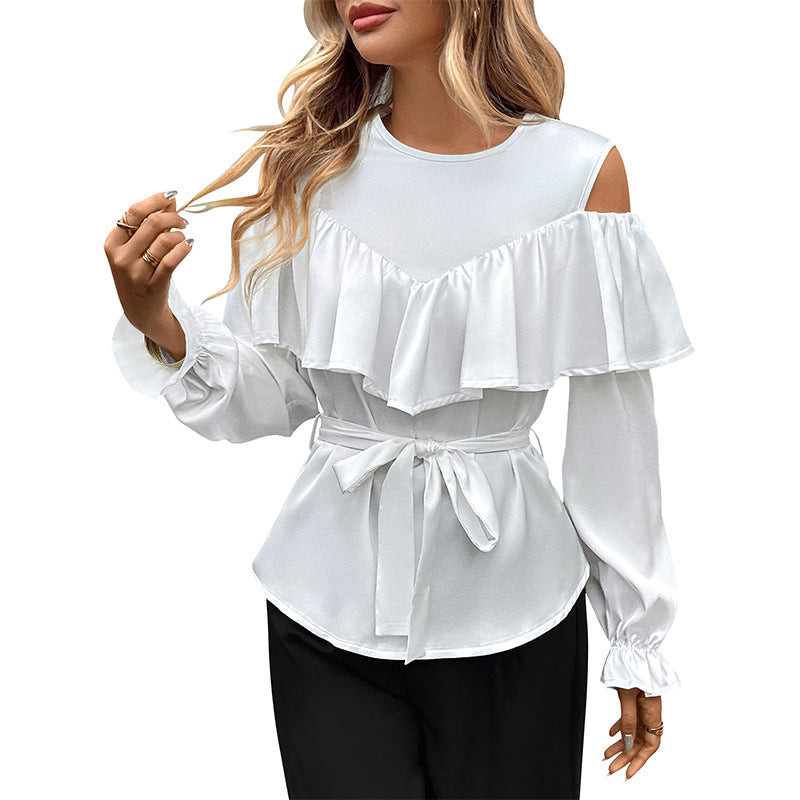 Long-sleeved Ruffled Off-the-shoulder Lace-up Shirt for Stylish Looks