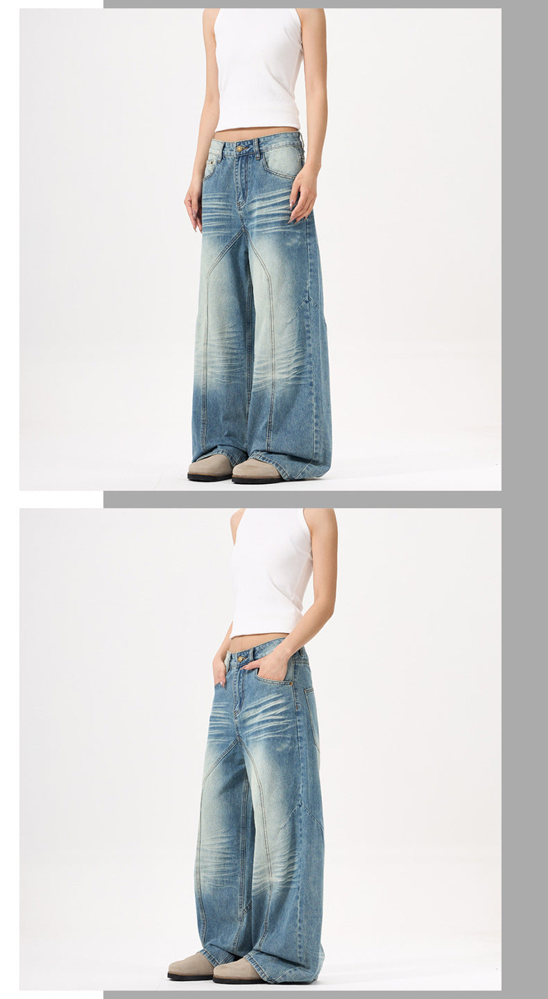 Wide-leg Blue Jeans with Deconstruct Stitching for Trendy Style