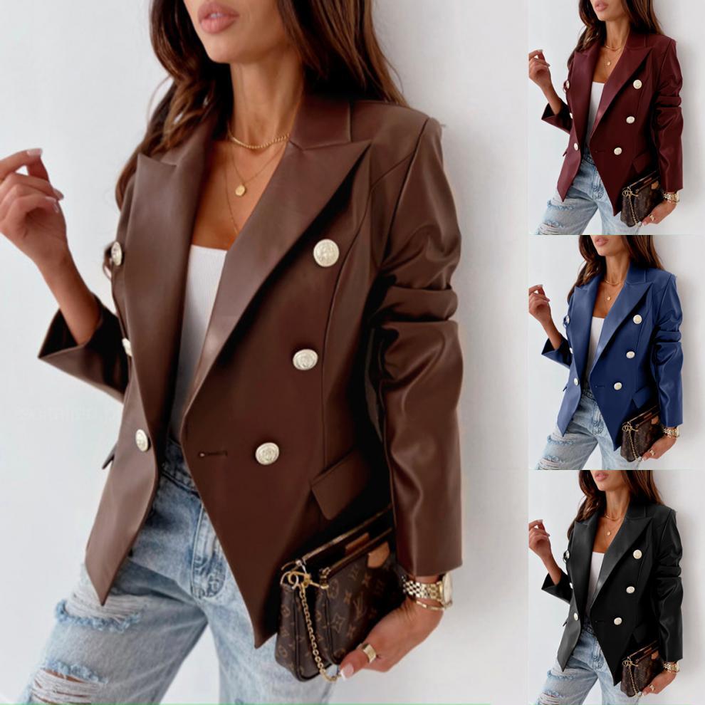 Long Sleeve Double Breasted PU Leather Jacket with Classic Style