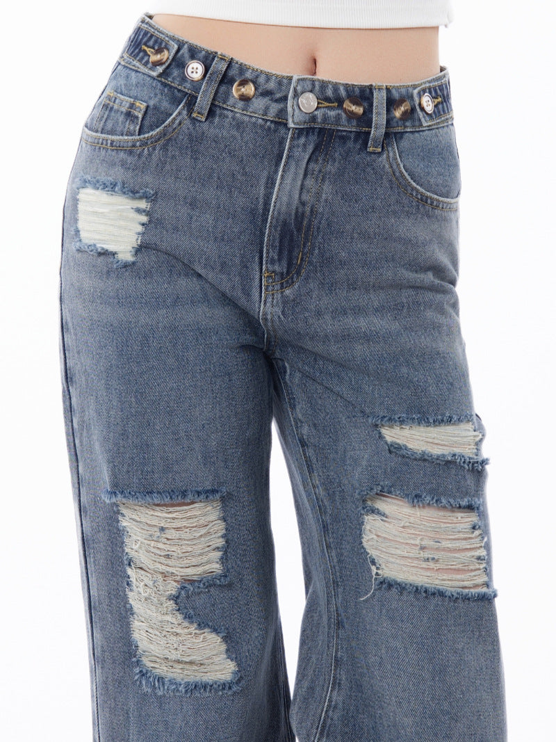 Retro Large Size Wide-Leg Jeans with Worn Distressed Style