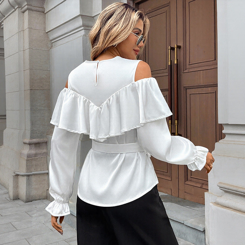 Long-sleeved Ruffled Off-the-shoulder Lace-up Shirt for Stylish Looks